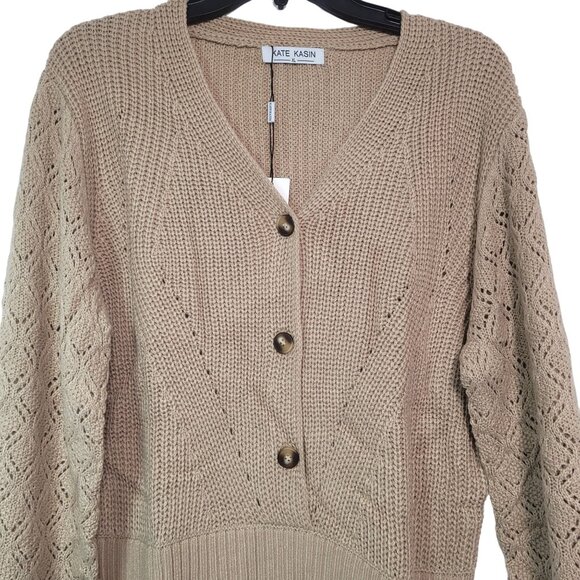 Kate Kasin Women's Long Sleeves Beige Knit Button-Up Pullover Cardigan X-Large - Picture 3 of 9